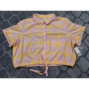 NEW BP Pink and Yellow Windowpane Button-Up Crop Shirt/Sz. 1X